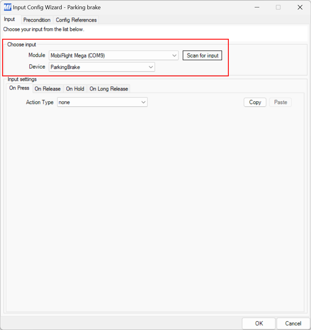 Screenshot of the input configuration dialog with a board and button selected.