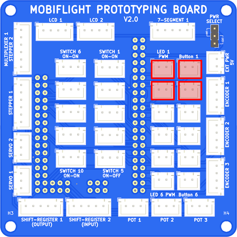 Photo of a prototype board with the four connections for the LED buttons highlighted.